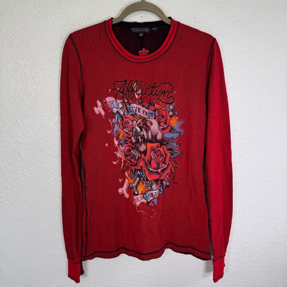 Affliction Thermal Shirt Women XL Reversible Skull Flame Rose Graphic Y2K Grunge